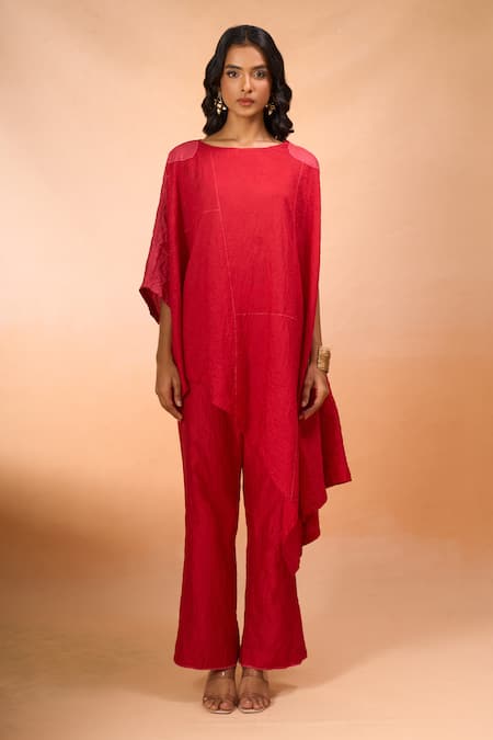 Divyam Mehta_Red Boat Neck Asymmetric Kurta With Pant _Online_at_Aza_Fashions