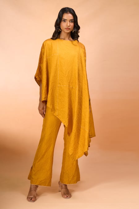 Divyam Mehta_Yellow Embroidery Boat Neck Asymmetric Kurta And Pant Set _Online_at_Aza_Fashions