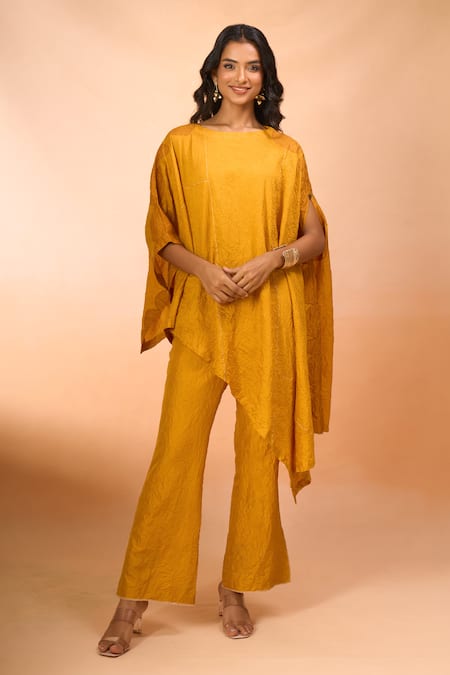 Buy_Divyam Mehta_Yellow Embroidery Boat Neck Asymmetric Kurta And Pant Set _Online_at_Aza_Fashions