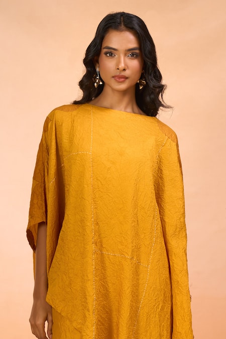 Shop_Divyam Mehta_Yellow Embroidery Boat Neck Asymmetric Kurta And Pant Set _Online_at_Aza_Fashions