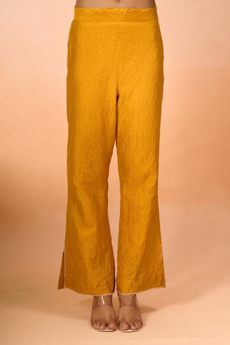 Divyam Mehta_Yellow Embroidery Boat Neck Asymmetric Kurta And Pant Set _at_Aza_Fashions