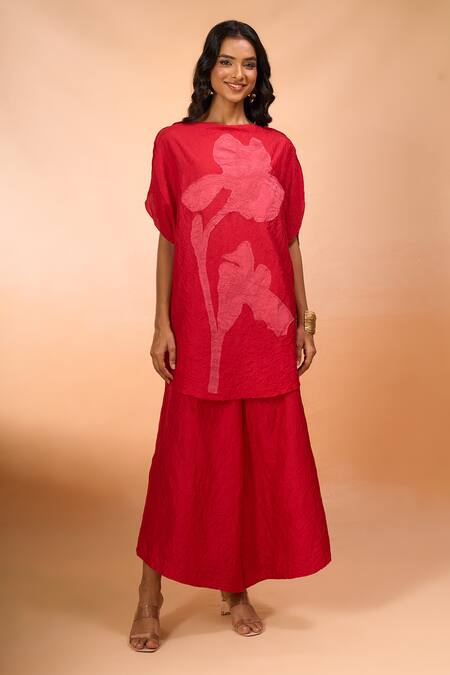 Buy_Divyam Mehta_Red Patchwork Round Neck Floral Embroidered Tunic With Pant _Online_at_Aza_Fashions