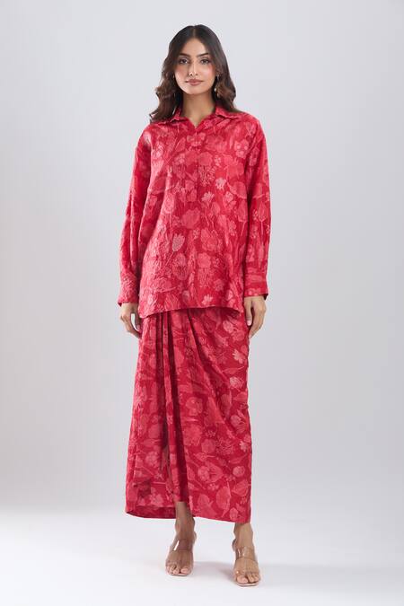 Divyam Mehta_Red Collared Floral Print Tunic With Draped Skirt_Online_at_Aza_Fashions