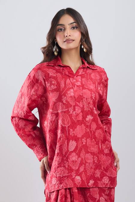 Buy_Divyam Mehta_Red Collared Floral Print Tunic With Draped Skirt_Online_at_Aza_Fashions