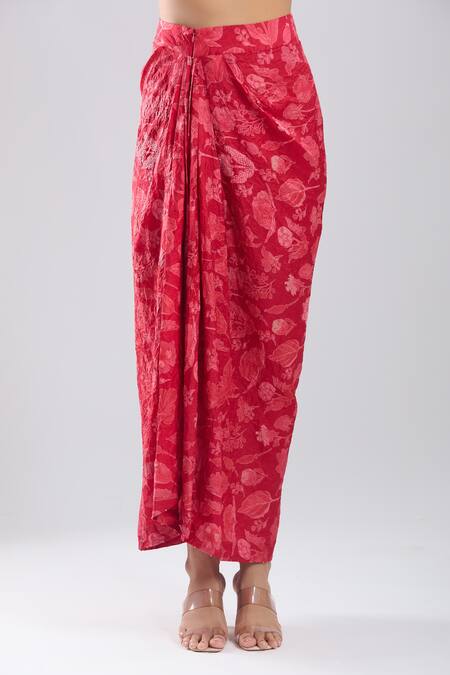 Divyam Mehta_Red Collared Floral Print Tunic With Draped Skirt_at_Aza_Fashions