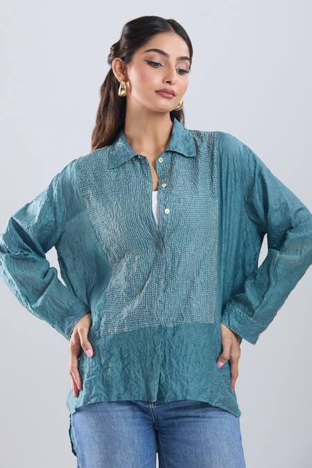 Divyam Mehta_Blue Embroidery Collared Stitchline Thread Placement Shirt _Online_at_Aza_Fashions