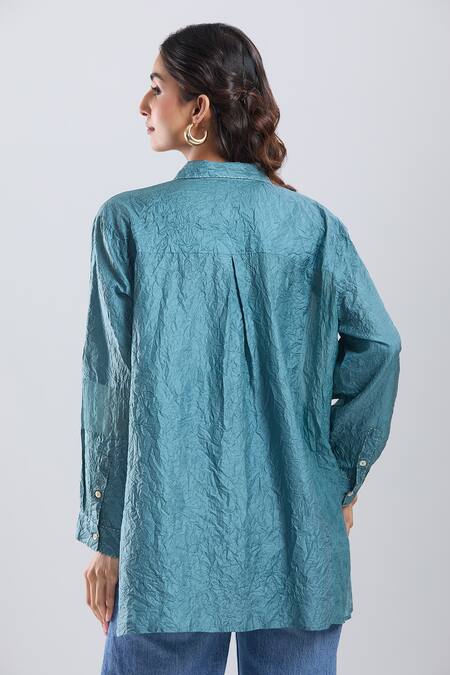 Buy_Divyam Mehta_Blue Embroidery Collared Stitchline Thread Placement Shirt _Online_at_Aza_Fashions