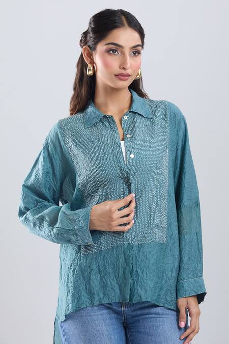 Shop_Divyam Mehta_Blue Embroidery Collared Stitchline Thread Placement Shirt _Online_at_Aza_Fashions