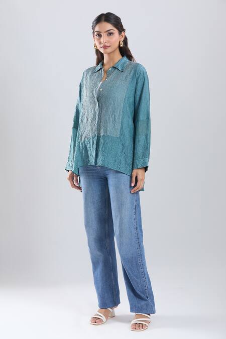 Divyam Mehta_Blue Embroidery Collared Stitchline Thread Placement Shirt _at_Aza_Fashions