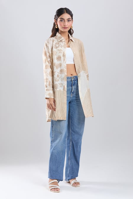 Shop_Divyam Mehta_Beige Collared Floral Pattern Shirt _Online_at_Aza_Fashions
