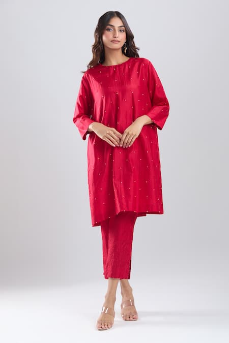 Divyam Mehta Valentine Red Plain Kurta With Pant 