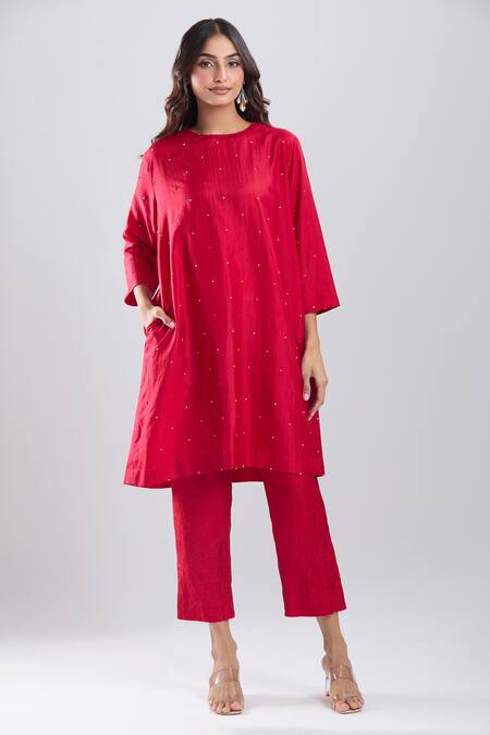 Buy Divyam Mehta Red Stones Round Neck Valentine Plain Kurta With Pant Online at Aza Fashions Buy_Divyam Mehta_Red Stones Round Neck Valentine Plain Kurta With Pant _Online_at_Aza_Fashions