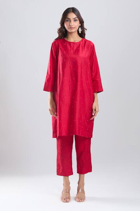 Shop Divyam Mehta Red Stones Round Neck Valentine Plain Kurta With Pant Online at Aza Fashions Shop_Divyam Mehta_Red Stones Round Neck Valentine Plain Kurta With Pant _Online_at_Aza_Fashions