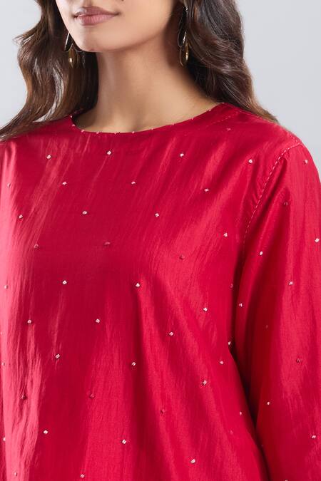 Divyam Mehta Red Stones Round Neck Valentine Plain Kurta With Pant at Aza Fashions Divyam Mehta_Red Stones Round Neck Valentine Plain Kurta With Pant _at_Aza_Fashions