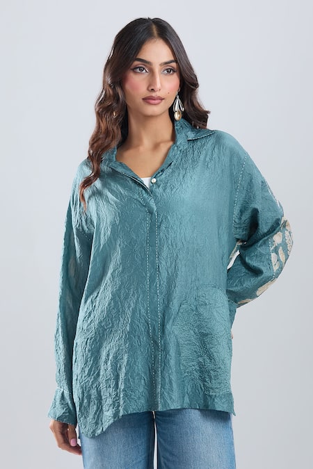 Divyam Mehta_Blue Collared Florette Placement Print Shirt _Online_at_Aza_Fashions