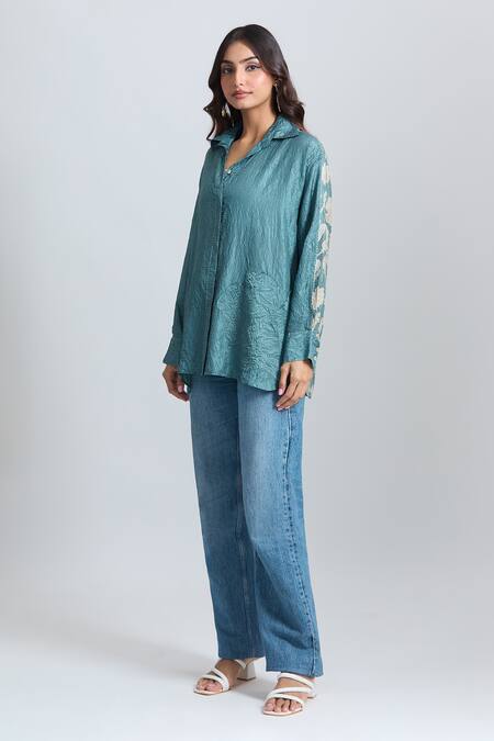 Shop_Divyam Mehta_Blue Collared Florette Placement Print Shirt _Online_at_Aza_Fashions