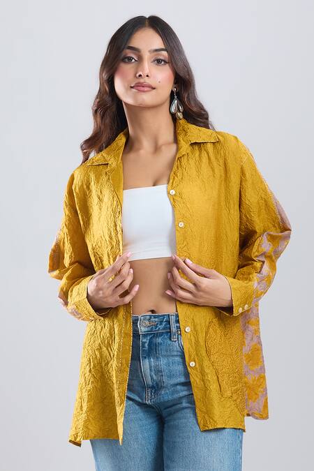 Divyam Mehta_Yellow Collared Bloom Placement Print Shirt _Online_at_Aza_Fashions