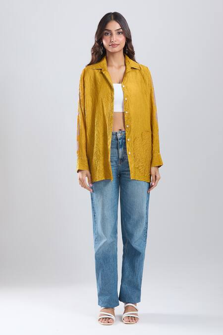 Buy_Divyam Mehta_Yellow Collared Bloom Placement Print Shirt _Online_at_Aza_Fashions