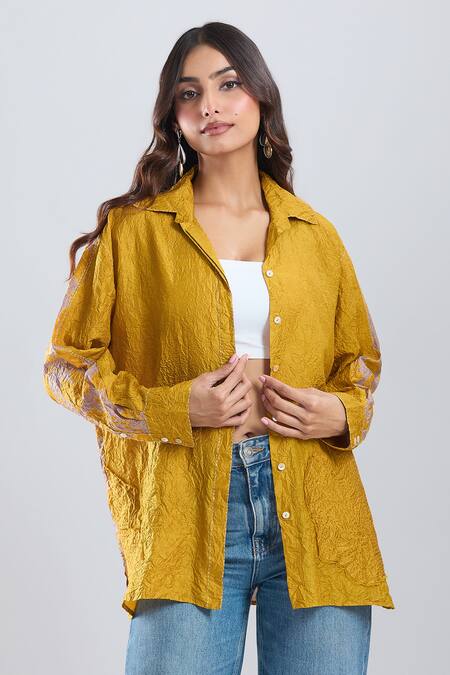 Shop_Divyam Mehta_Yellow Collared Bloom Placement Print Shirt _Online_at_Aza_Fashions