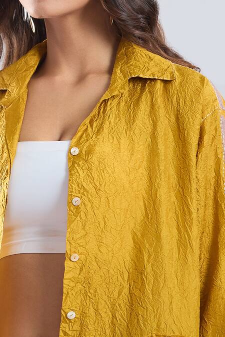 Divyam Mehta_Yellow Collared Bloom Placement Print Shirt _at_Aza_Fashions