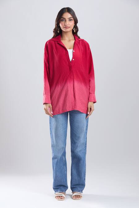 Divyam Mehta_Red Collared Ombre Shirt _Online_at_Aza_Fashions