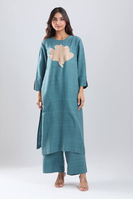 Buy_Divyam Mehta_Blue Patchwork, Embroidery Round Neck Thread Kurta And Pant Set _Online_at_Aza_Fashions