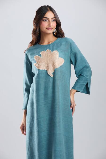 Shop_Divyam Mehta_Blue Patchwork, Embroidery Round Neck Thread Kurta And Pant Set _Online_at_Aza_Fashions