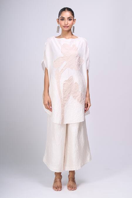 Shop_Divyam Mehta_Beige Embroidery Boat Neck Flower Kurta And Pant Set _Online_at_Aza_Fashions