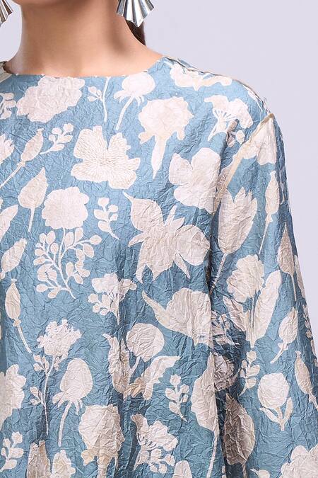 Divyam Mehta_Blue Round Neck Flower Print Kurta With Pant _Online_at_Aza_Fashions