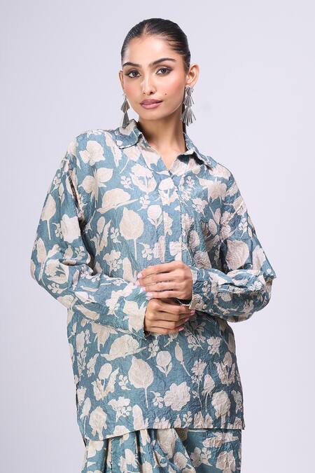 Divyam Mehta_Blue Collared Floral Print Kurta With Skirt _Online_at_Aza_Fashions