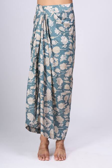 Divyam Mehta_Blue Collared Floral Print Kurta With Skirt _at_Aza_Fashions