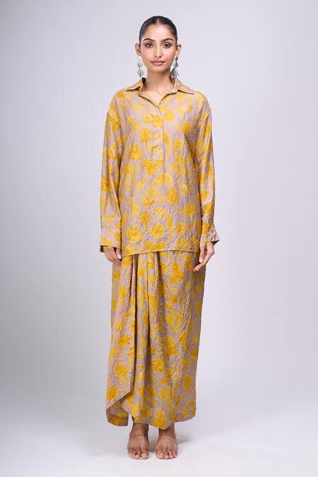 Buy_Divyam Mehta_Beige Collared Floral Print Kurta With Skirt _Online_at_Aza_Fashions