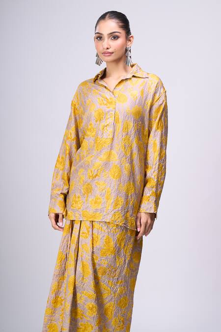 Shop_Divyam Mehta_Beige Collared Floral Print Kurta With Skirt _Online_at_Aza_Fashions