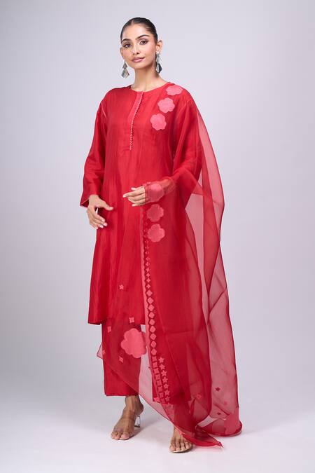 Shop_Divyam Mehta_Red Organza Cut Work Round Neck Valentine Kurta Set _Online_at_Aza_Fashions
