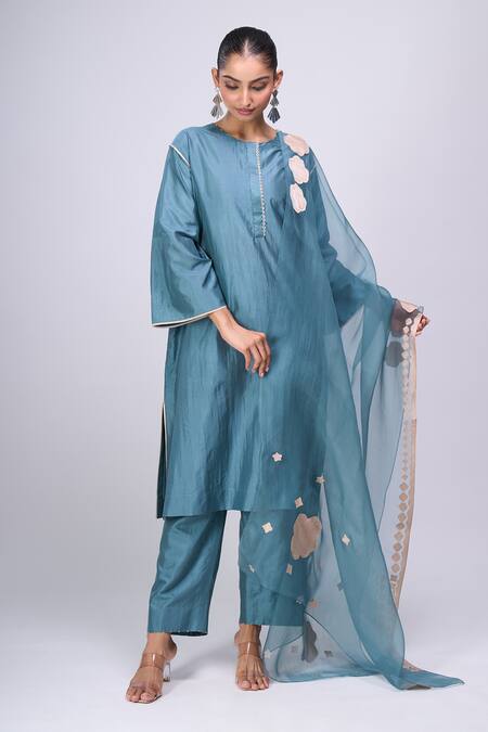 Shop_Divyam Mehta_Blue Piping, Embroidery, Applique Round Neck Placket Kurta Set _Online_at_Aza_Fashions