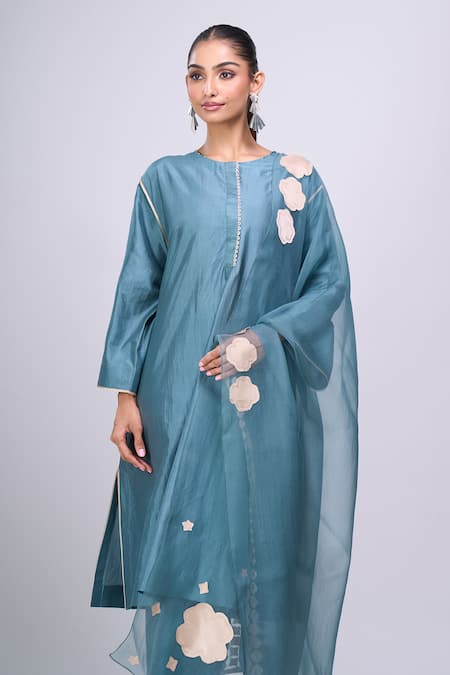 Divyam Mehta_Blue Piping, Embroidery, Applique Round Neck Placket Kurta Set _at_Aza_Fashions