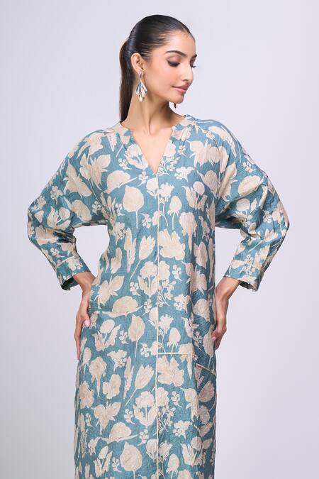 Divyam Mehta_Blue V-neck Flower Print Dress _Online_at_Aza_Fashions