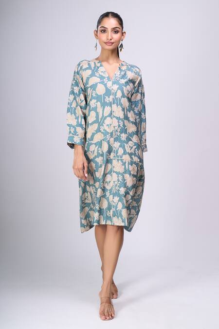 Buy_Divyam Mehta_Blue V-neck Flower Print Dress _Online_at_Aza_Fashions