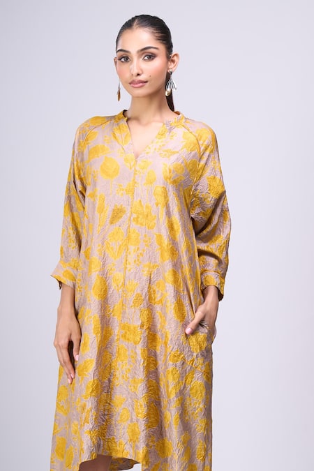 Divyam Mehta_Yellow Split V-neck Bloom Print Dress _Online_at_Aza_Fashions