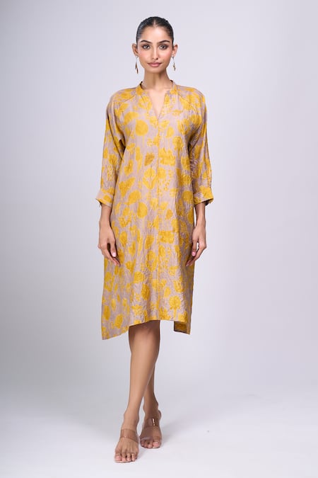 Buy_Divyam Mehta_Yellow Split V-neck Bloom Print Dress _Online_at_Aza_Fashions