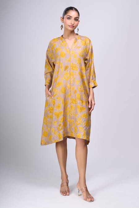 Shop_Divyam Mehta_Yellow Split V-neck Bloom Print Dress _Online_at_Aza_Fashions