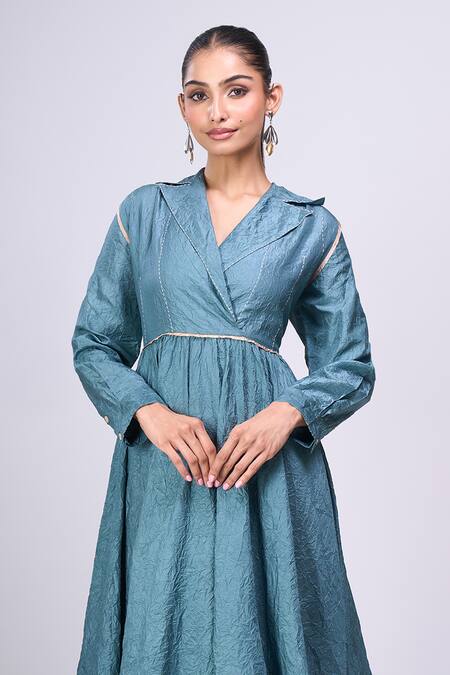 Buy_Divyam Mehta_Blue Embroidery Collared, V-neck Midi Dress _Online_at_Aza_Fashions