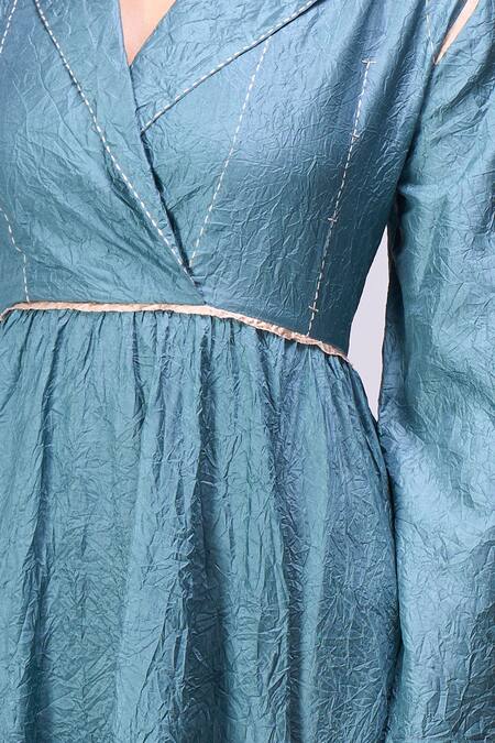 Shop_Divyam Mehta_Blue Embroidery Collared, V-neck Midi Dress _Online_at_Aza_Fashions