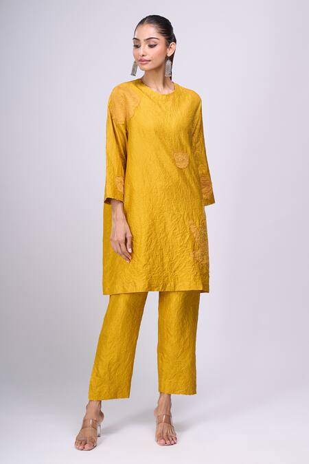 Divyam Mehta_Yellow Embroidery Round Neck Haldi Kurta Set _Online_at_Aza_Fashions