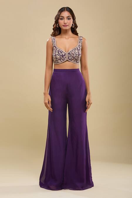Buy_Mishru_Purple V-, Sweetheart Cape Bustier Pant Set _Online_at_Aza_Fashions
