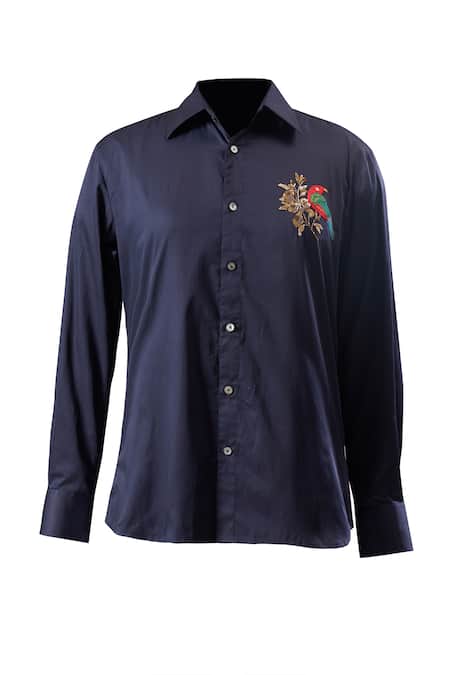 Shop_Rohit Bal_Blue Poplin Embroidery Thread Placement Shirt _Online_at_Aza_Fashions