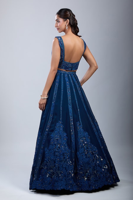 Mishru Navy Blue Embroidered Lehenga Set 