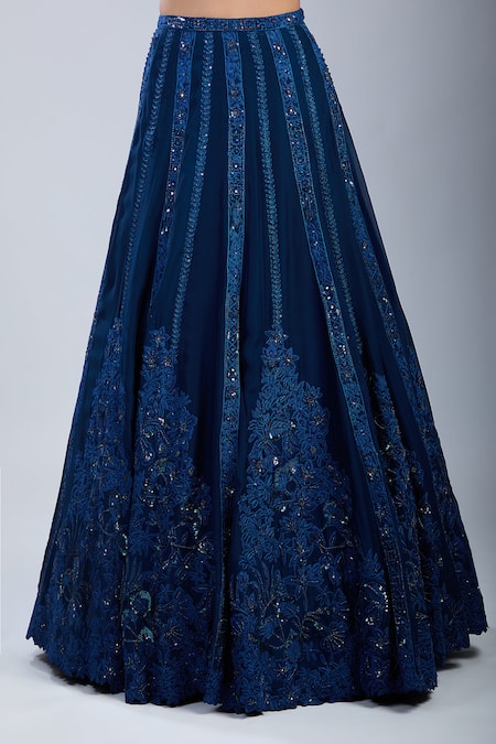 Mishru_Navy Sequins, Embroidery Square Neck Blue Lehenga Set _at_Aza_Fashions
