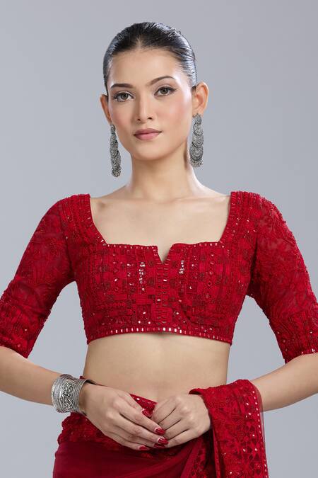 Buy_Mishru_Red Embroidery, Sequins Square , Notched Geometric Saree With Blouse 