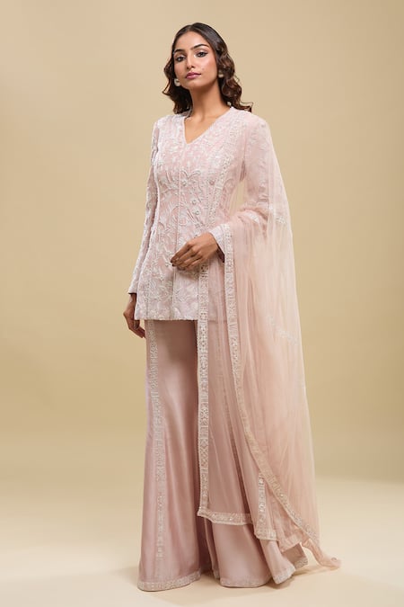 Mishru_Pink Embroidery, Lace V-neck Husna Kurta Bell Pant Set _at_Aza_Fashions